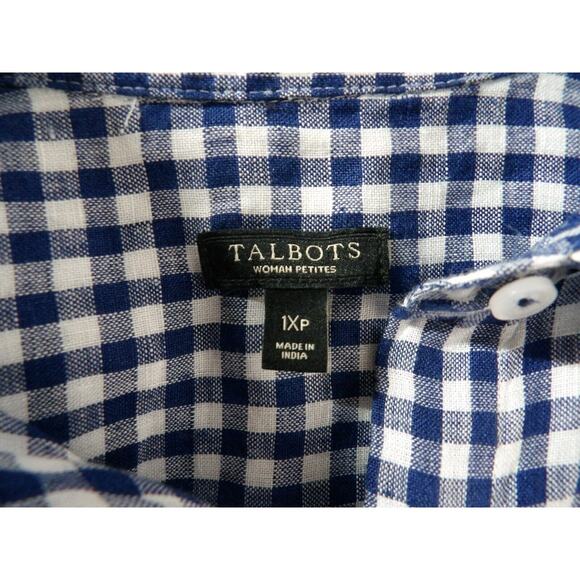 Talbots Linen 1XP Petite 1X Blouse Blue Gingham Plaid Button Up Picnic Collared - Picture 4 of 9